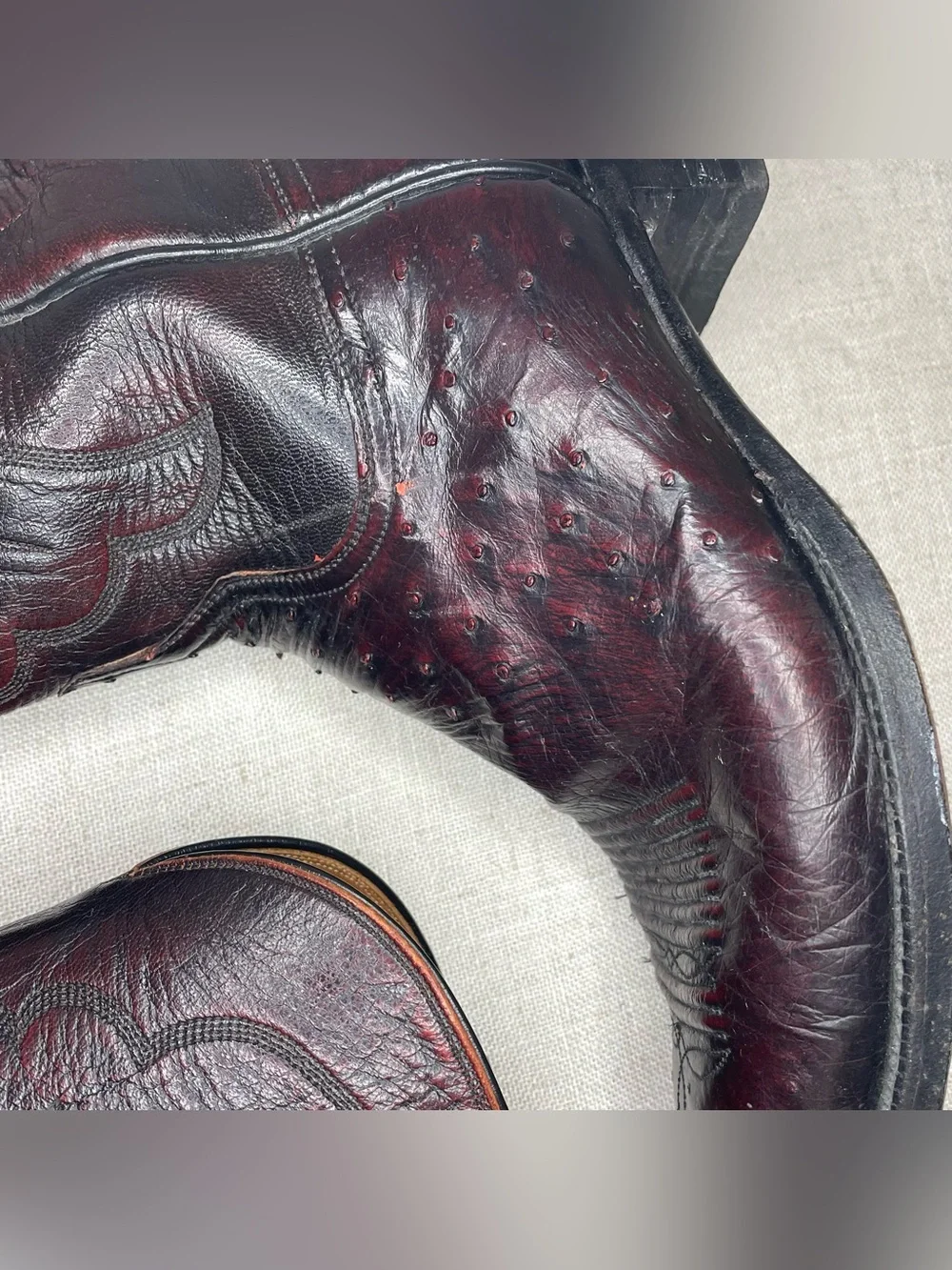 Vintage Lucchese Smooth Ostrich Cowboy Boots in Black Cherry